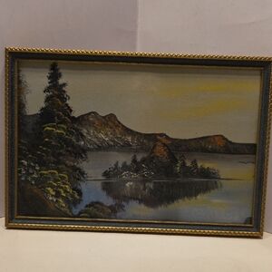 Vintage Hand Painted Picture Of Crater Lake In Oregon 12 X 8"